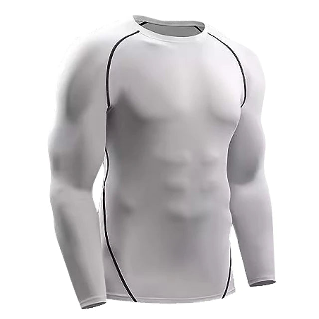 White compression long sleeve shirt with black piping, offering breathability, flexibility, and support for athletic activities.