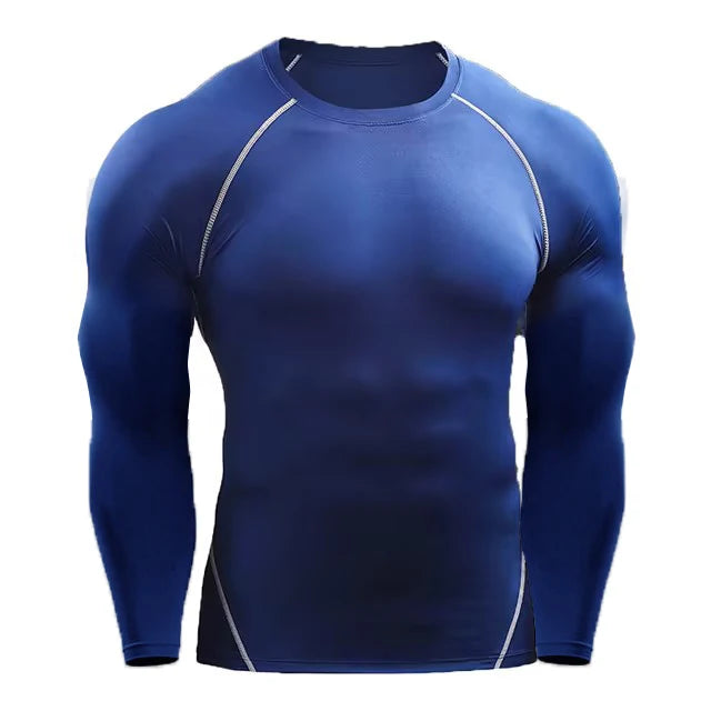Blue compression long sleeve shirt with white piping, designed for comfort, muscle support, and improved performance during workouts.