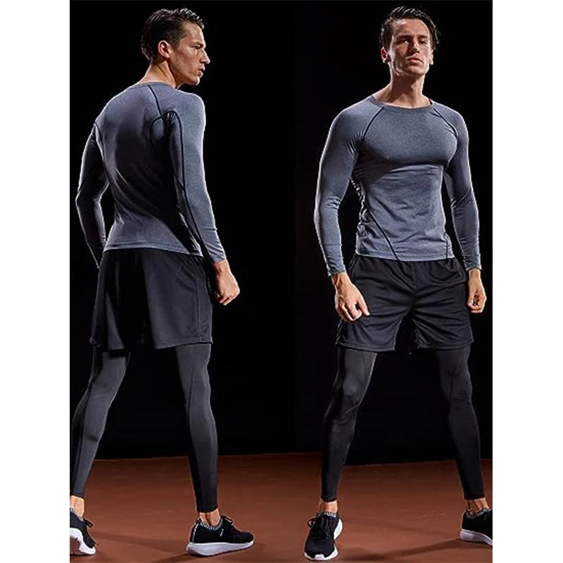 Man wearing a gray compression long sleeve shirt and black athletic leggings, highlighting comfort and support for training sessions.