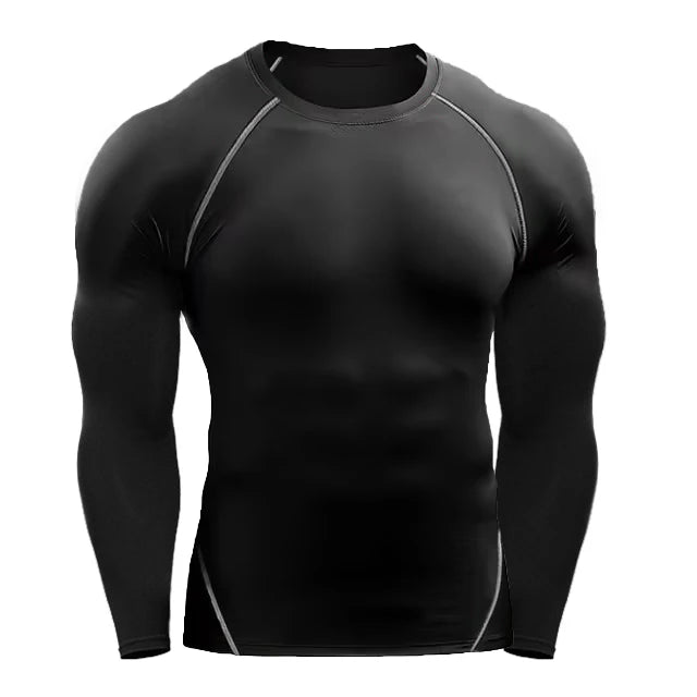 Black compression long sleeve shirt with white piping, designed for comfort, muscle support, and improved athletic performance.