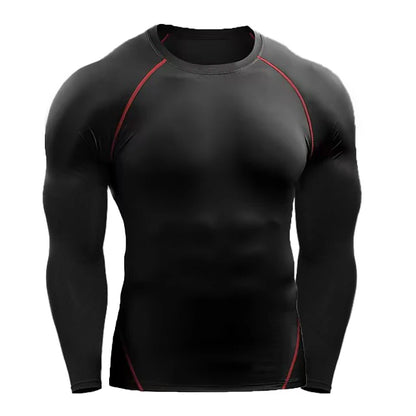 Black compression long sleeve shirt with red piping, offering flexibility, breathability, and support for athletic performance.