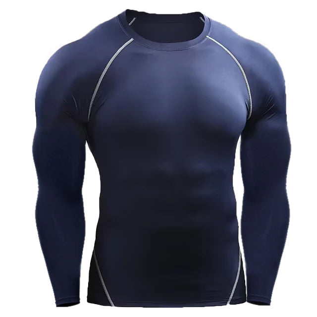 Dark blue compression long sleeve shirt with white piping, offering flexibility, breathability, and support for athletic performance.
