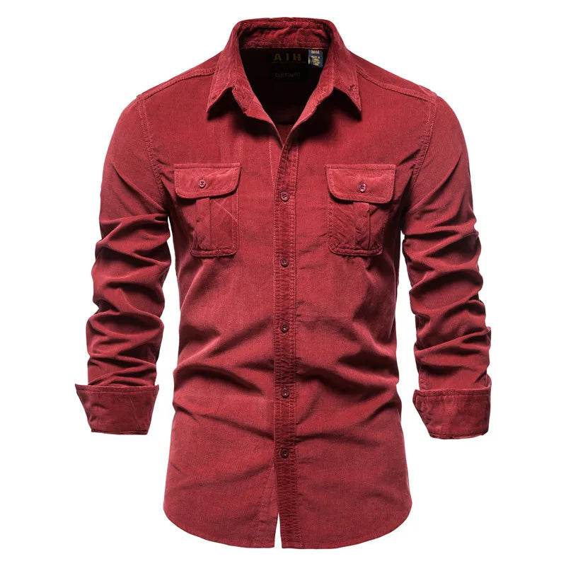 Single-Breasted Shirt – 100% Cotton, Slim-Fit Corduroy, Solid Color Business Casual Autumn Shirt