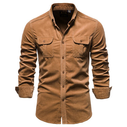 Single-Breasted Shirt – 100% Cotton, Slim-Fit Corduroy, Solid Color Business Casual Autumn Shirt