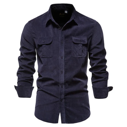 Single-Breasted Shirt – 100% Cotton, Slim-Fit Corduroy, Solid Color Business Casual Autumn Shirt