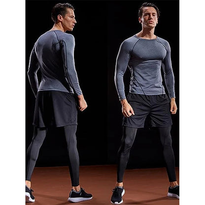 Man wearing a gray compression long sleeve shirt and black athletic leggings, highlighting comfort and support for training sessions.