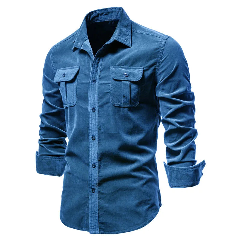 Single-Breasted Shirt – 100% Cotton, Slim-Fit Corduroy, Solid Color Business Casual Autumn Shirt