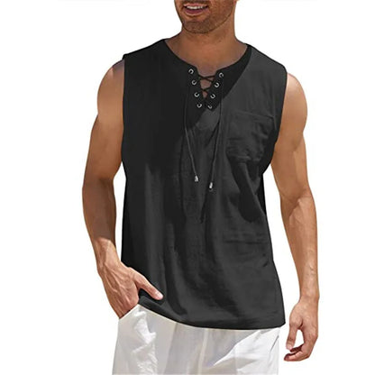 Breathable Cotton-Linen Sleeveless Shirt – Retro V-Neck, Lace-Up Bandage Casual Blouse