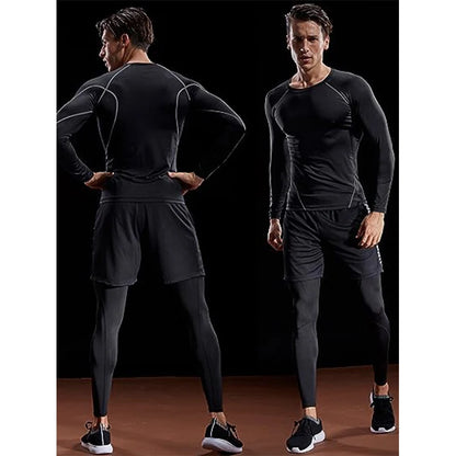 Man wearing a black compression long sleeve shirt with white piping, demonstrating flexibility and comfort for workouts.
