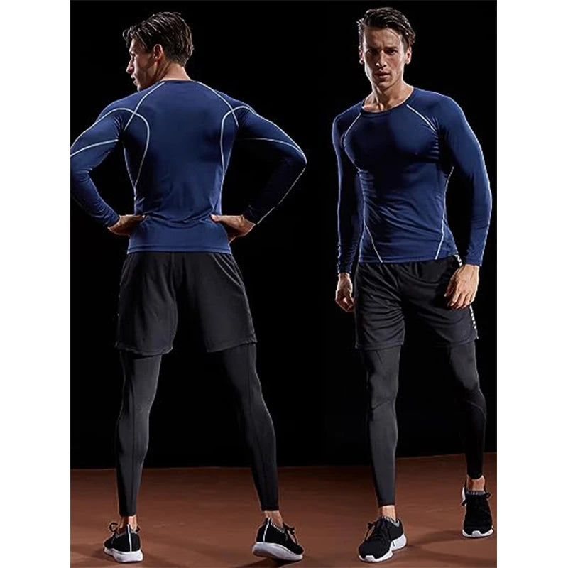Man wearing a blue compression long sleeve shirt and black athletic leggings, showcasing flexibility and comfort for workouts.