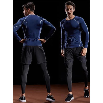 Man wearing a blue compression long sleeve shirt and black athletic leggings, showcasing flexibility and comfort for workouts.