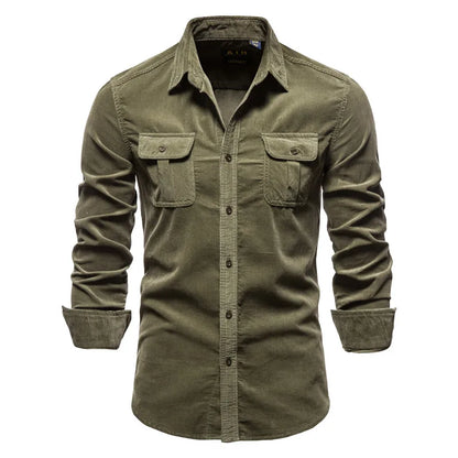 Single-Breasted Shirt – 100% Cotton, Slim-Fit Corduroy, Solid Color Business Casual Autumn Shirt