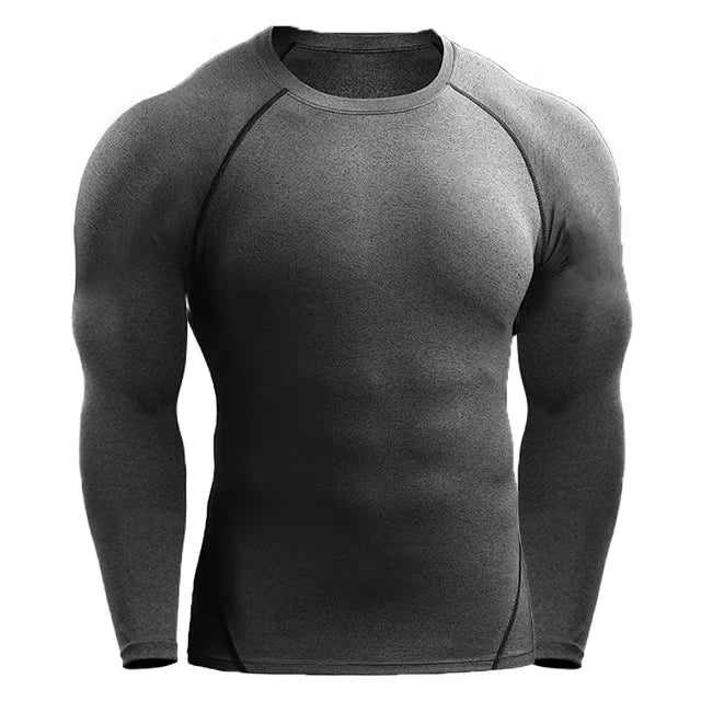 Gray compression long sleeve shirt with black piping, providing a snug fit for enhanced muscle support and performance in sports or training.