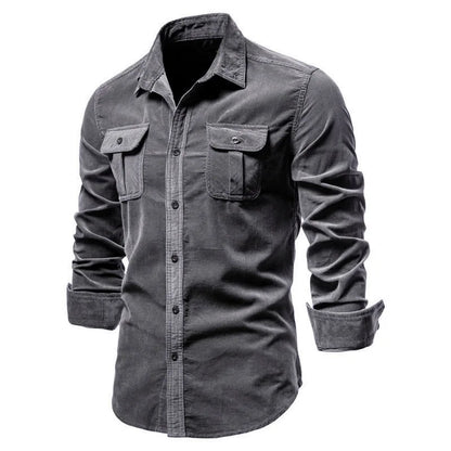 Single-Breasted Shirt – 100% Cotton, Slim-Fit Corduroy, Solid Color Business Casual Autumn Shirt