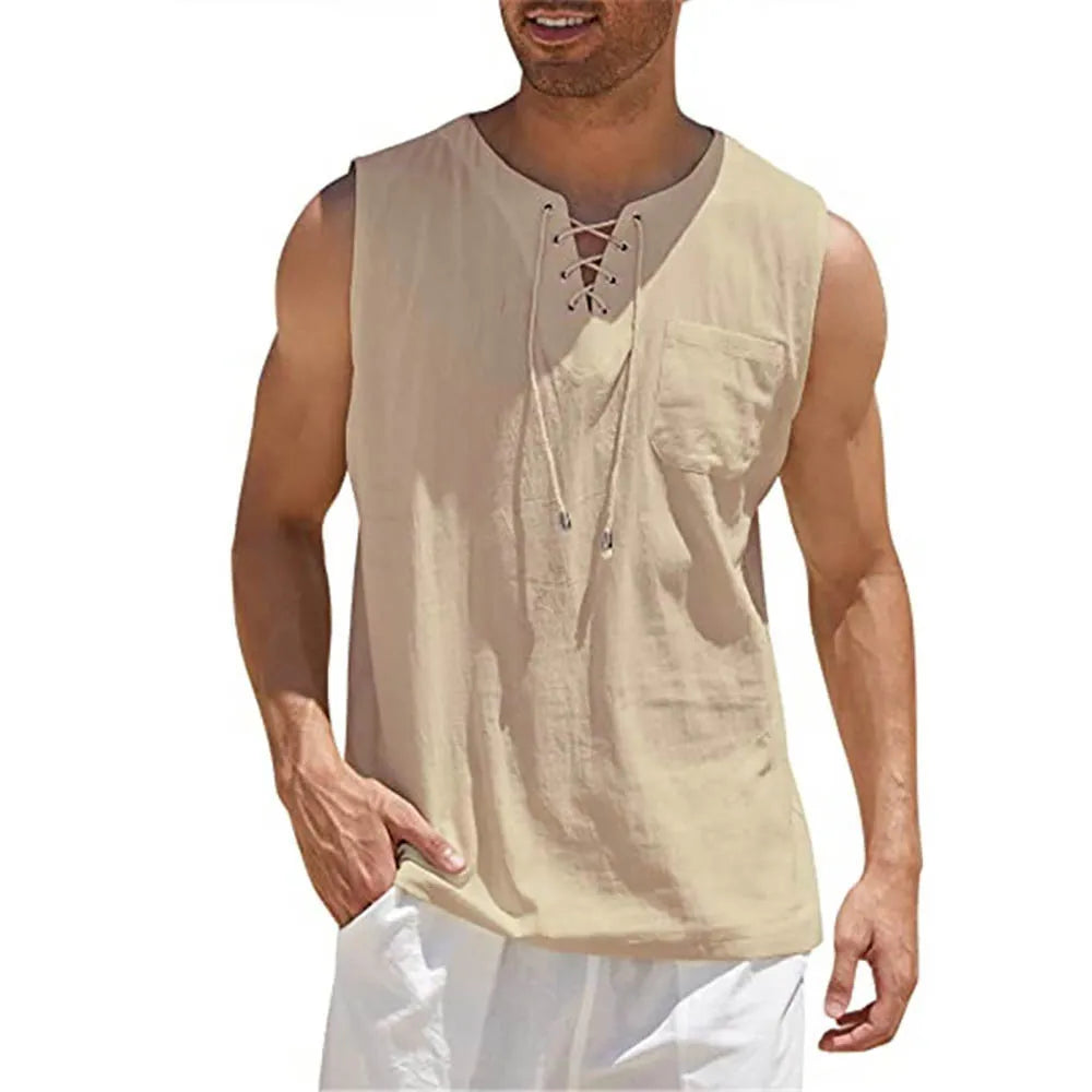 Breathable Cotton-Linen Sleeveless Shirt – Retro V-Neck, Lace-Up Bandage Casual Blouse