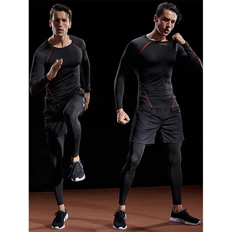 Man wearing a black compression long sleeve shirt with red piping, demonstrating movement and flexibility during exercise.