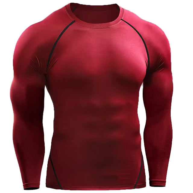 Red compression long sleeve shirt with black piping, providing a snug fit for enhanced muscle support and performance in sports or training.
