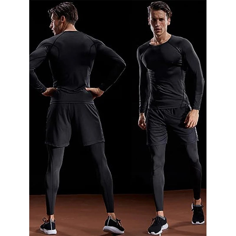 Man in a black compression long sleeve shirt and black athletic leggings, showcasing a snug fit for enhanced performance.
