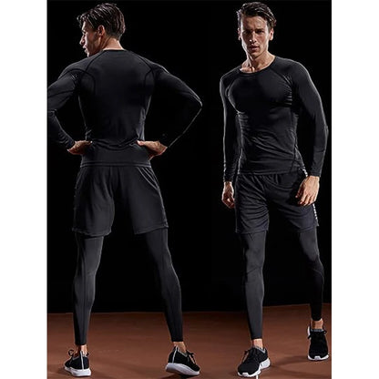 Man in a black compression long sleeve shirt and black athletic leggings, showcasing a snug fit for enhanced performance.