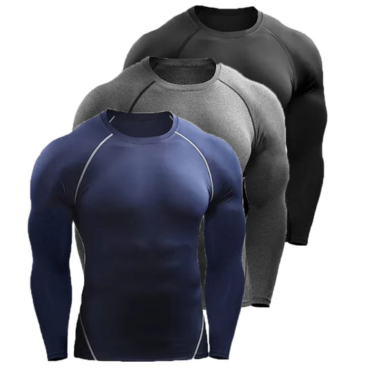 Set of three compression long sleeve shirts in black, gray, and navy blue, designed for support, comfort, and performance during workouts.