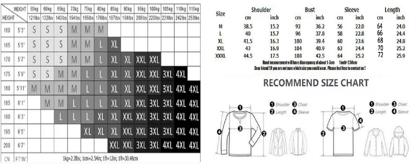 Size chart for compression long sleeve shirts, providing measurements for shoulder, bust, sleeve, and length in various sizes.