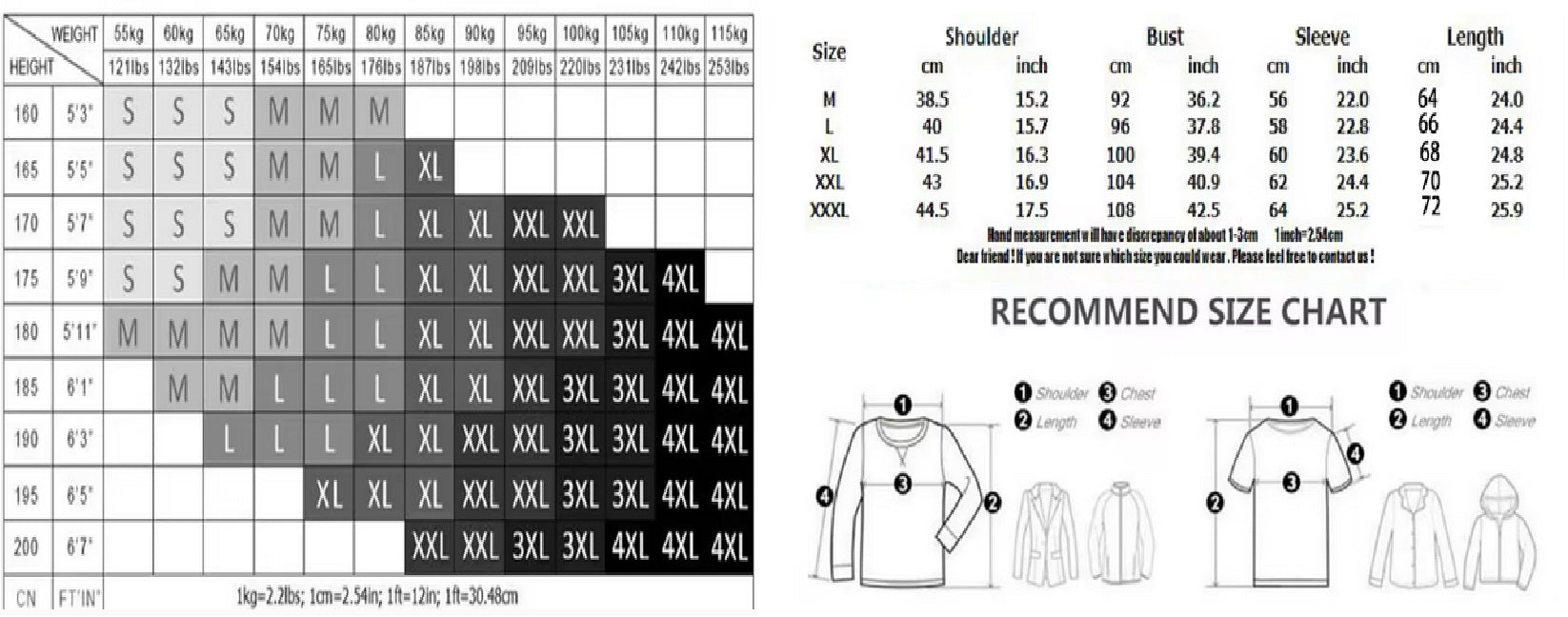 Size chart for compression long sleeve shirts, providing measurements for shoulder, bust, sleeve, and length in various sizes.