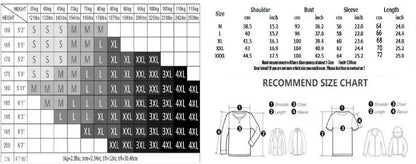Size chart for compression long sleeve shirts, providing measurements for shoulder, bust, sleeve, and length in various sizes.