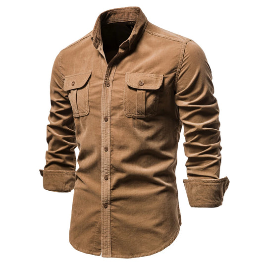 Single-Breasted Shirt – 100% Cotton, Slim-Fit Corduroy, Solid Color Business Casual Autumn Shirt